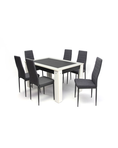 Alina asztal 135-ös Bianco/Nero + 6 db Geri szék Szürke szövet