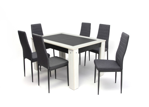 Alina asztal 135-ös Bianco/Nero + 6 db Geri szék Szürke szövet